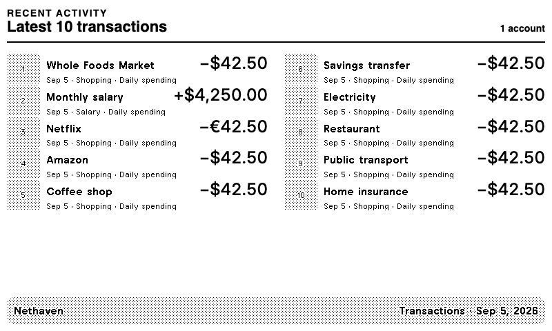Nethaven Transactions screen on TRMNL showing fictional recent purchases with merchant names, account details, and amounts.