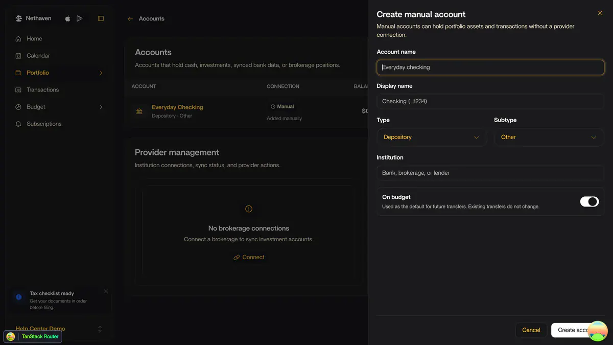 Creating a manual account on the Nethaven desktop app