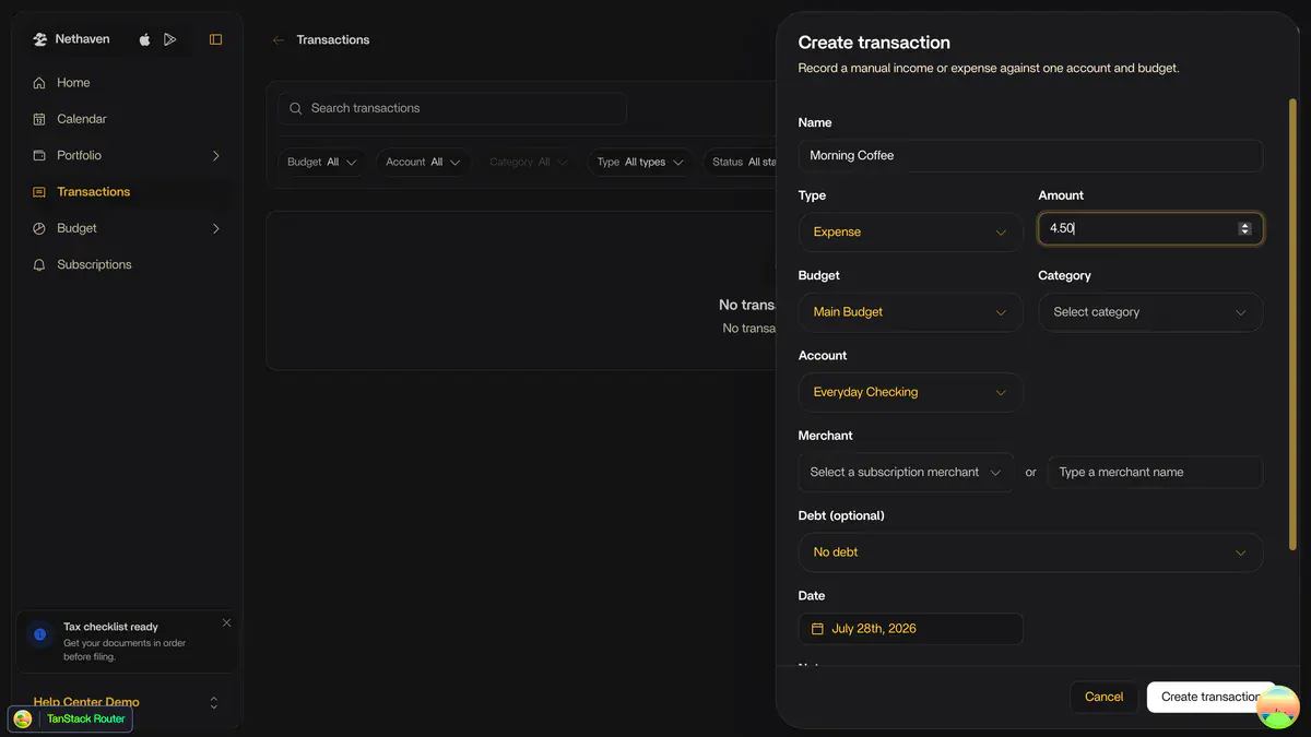 Creating and categorizing a transaction on Nethaven desktop