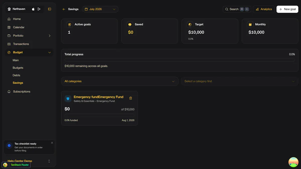 Savings goal progress on the Nethaven desktop app