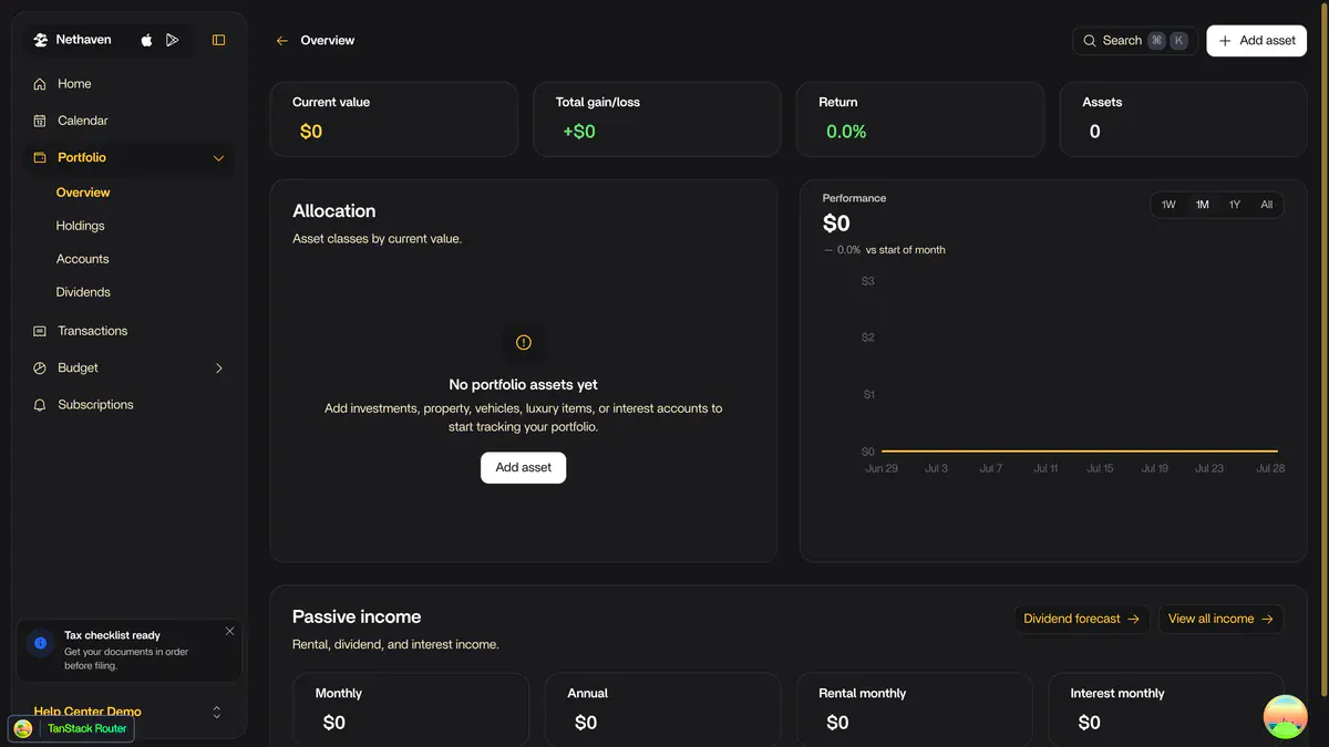 Portfolio value and performance on the Nethaven desktop app