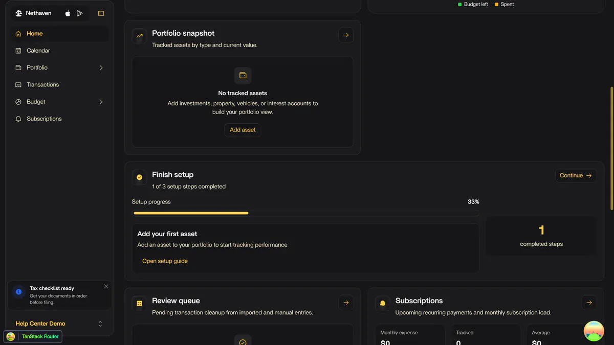 Setup progress card on the Nethaven desktop dashboard