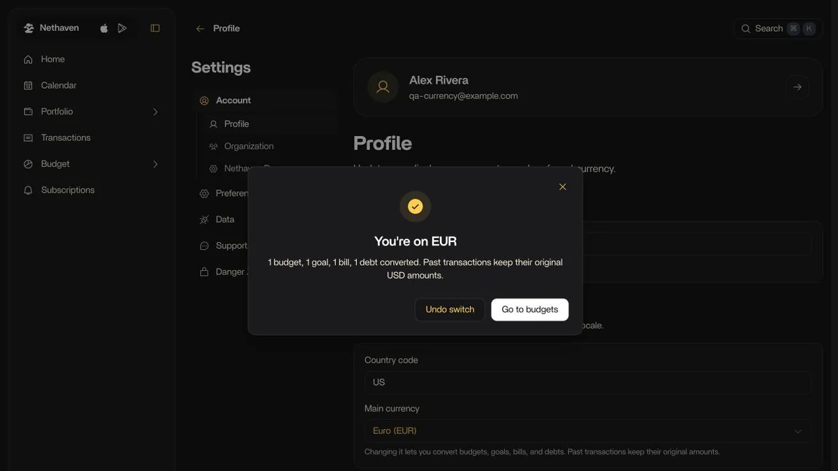 The You're on EUR confirmation listing the converted budget, goal, bill, and debt, with Undo switch and Go to budgets buttons.