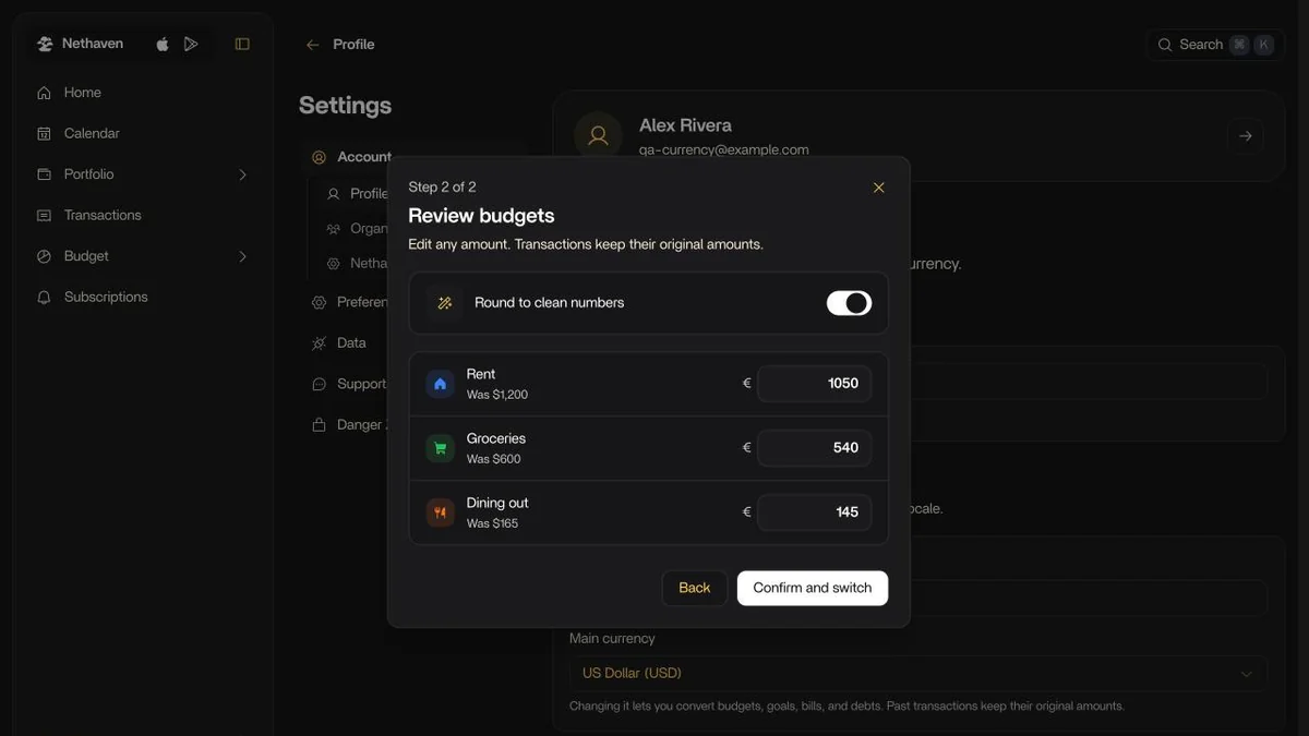 The Review budgets step with the Round to clean numbers switch and editable euro amounts for Rent, Groceries, and Dining out.