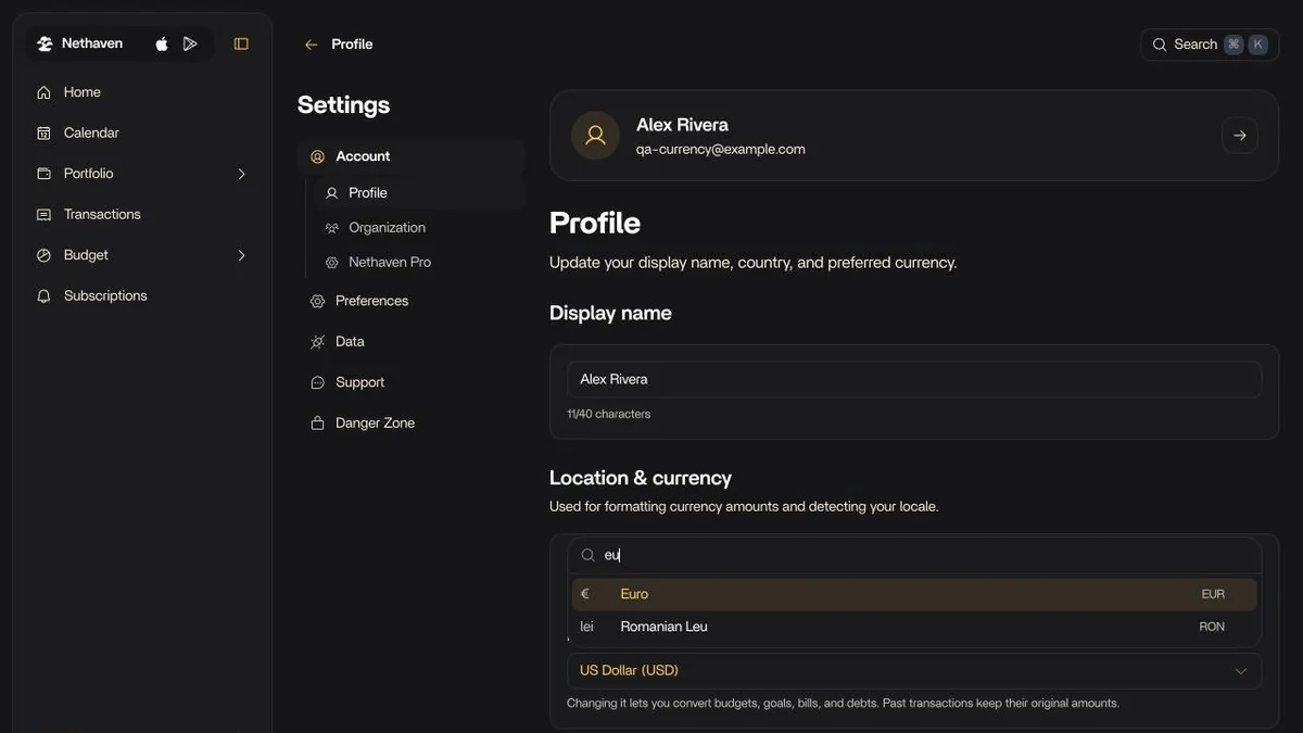 The Profile settings page in the Nethaven web app with the Main currency search open and Euro highlighted.