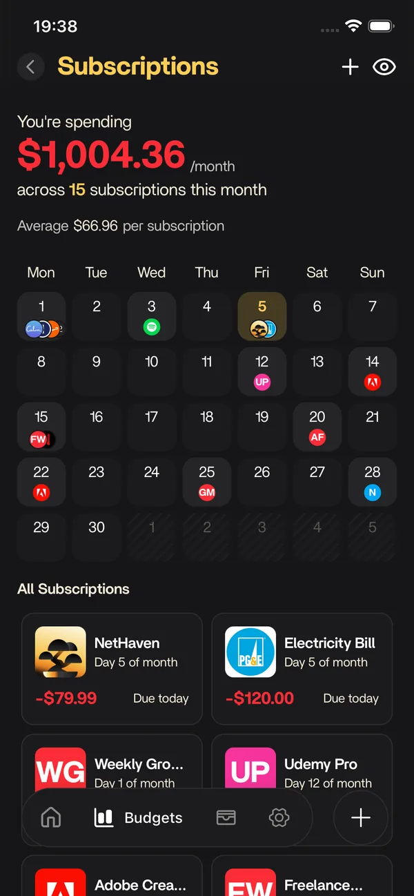 Nethaven subscriptions calendar showing monthly spend
